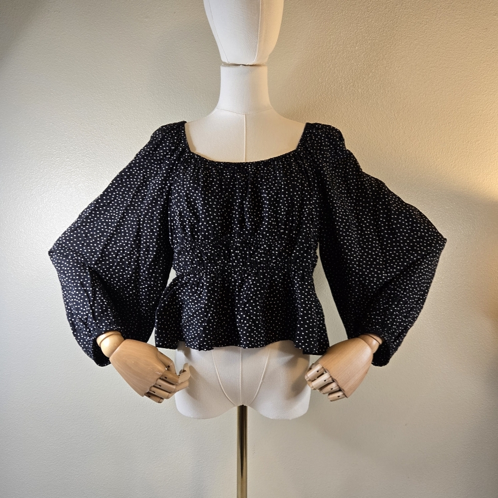 NWT a new day Black Polka Dot Balloon Sleeve Top Size Large